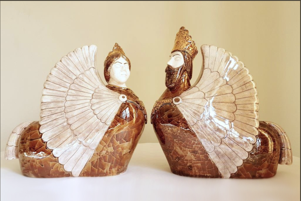 Ceramic Persian sphinxes by Alán Nabavi